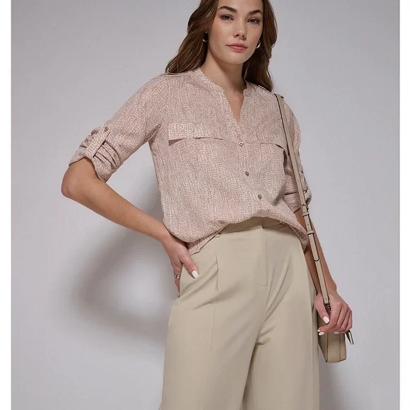 Calvin Klein
Rose Water Banded Collar Long Roll-Tab Sleeve Button Front Top. M - Picture 6 of 11